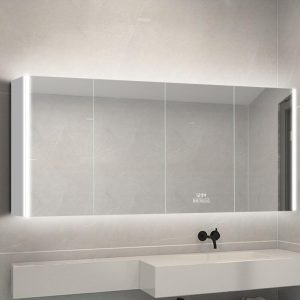 Metallic Aluminum Rust Resistant Medicine Cabinet with 3 Shelves, 2 Doors, Interior Mirror, and LED Lighting, 47"L x 5"W x 31"H
