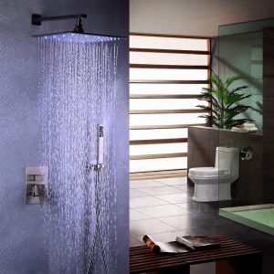 Dree Modern 12" Wall Mount LED Square Showerhead & Hand Shower System in Brushed Nickel