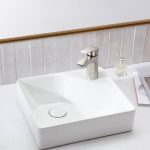 Art Deco Chalk Ceramic Vessel Sink with Shutoff Valve, 1 Hole, Rectangular Design, and Center Trapway, Sink with Faucet