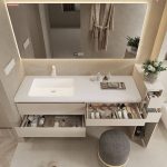 Sintered Stone Bathroom Vanity with Plug-in 1 Mirror, Ivory 3 Drawers and Ink Faucet, Shelves Not Included, 71"L x 22"W x 20"H, Vanity & Faucet & Smart Mirror
