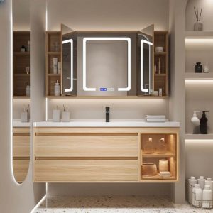Stain Resistant Light Brown Bathroom Vanity with Rectangle Sink, Ceramic Countertop, Plug-in, 2 Drawers, and 4 Doors, 24"L x 20"W x 22"H, Vanity & Faucet & Smart Medicine Cabinet