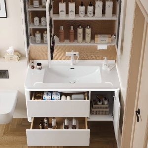 Chalk Watertight Bathroom Vanity with 1 Medicine Cabinet, Plug-in, Shelf, Backsplash, and 2 Drawers, Vanity & Faucet & Smart Medicine Cabinet, 32"L x 20"W x 20"H