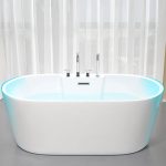 Plexiglass Oval Freestanding Bathtub with 2 Handles, Cartridge Faucet, Valve, Back to Wall Design, and Soaking Bath Therapy, 47"L x 28"W x 24"H, Bathtub & Black Freestanding Faucet