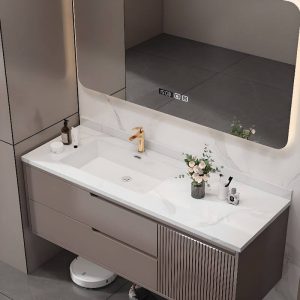 Plug-in Sintered Stone Wall Mounted Standard Rectangle Bathroom Vanity with 4 Doors, Gold Faucet and 2 Drawers, 39.5"L x 20"W x 22"H, Vanity & Mirror Cabinet