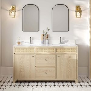 Bathroom Vanity Set 61" Freestanding Stone Bathroom Vanity Natural with Double Sinks