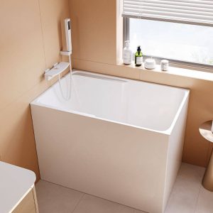 White Plexiglass Rectangle Freestanding Bathtub Back to Wall Soaking with Seat and Compression Faucet, 39"L x 25"W x 28"H