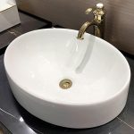 Art Deco Chalk Ceramic Vessel Bathroom Sink with 1 Hole, Center Trapway in Oblong Shape, Chrome Faucet