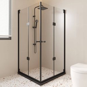 Black Semi-Frameless Square Corner Shower Enclosure with Folding Doors & Clear Fixed Glass Panel, 31.5"L x 31.5"W x 74.8"H, Custom Product: Extra 7 Business Day Producing Time