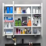 Trendy Rainproof Stainless Alloy White Medicine Cabinet with 5 Shelves, Electrical Outlet and Led, 47"L x 5"W x 33"H