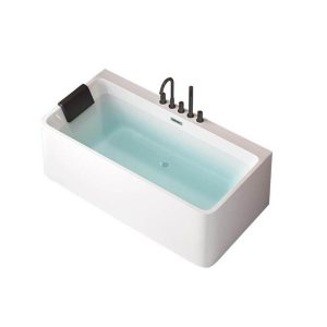 Freestanding Bathtub with 3 Handles, Compression Faucet, Valve, Rectangular Shape, Back to Wall Design, Soaking Therapy, and Lucite Material, Tub with Silver 5-Piece Set, 55"L x 30"W x 22"H