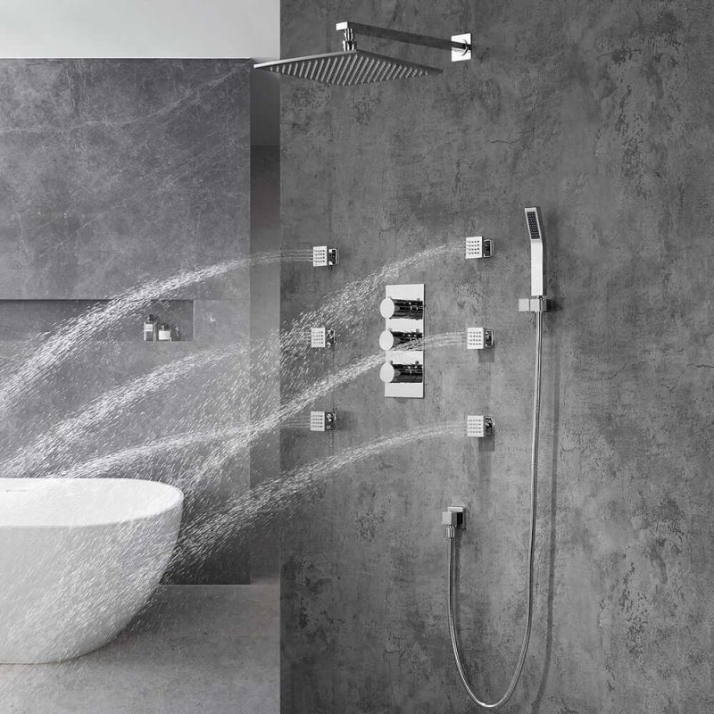 LED Wall Mount 12" Shower Set with Hand Shower & Body Spray Jets in Polished Chrome