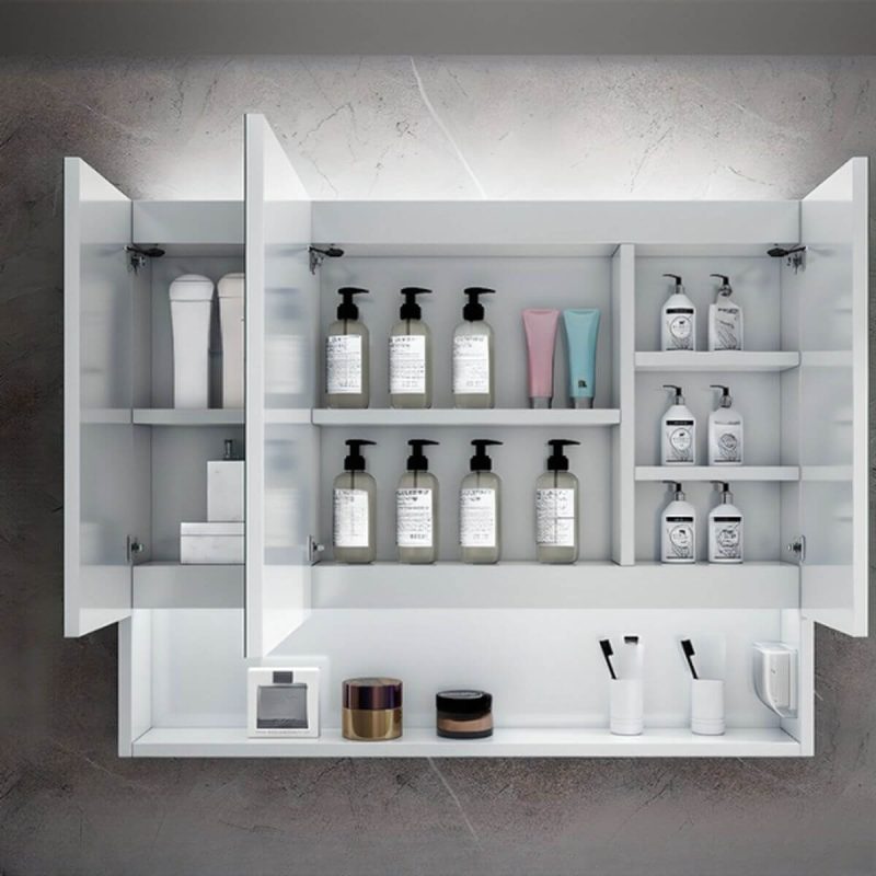 Stainless Steel Rectangular White Medicine Cabinet with 5 Shelves, USB Outlet, Soft Close Door Hinge, and Illumination Light, 59"L x 5"W x 31"H