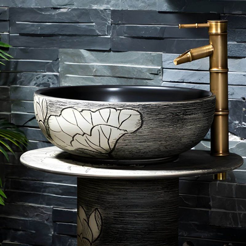 Modern Ceramic Circular Sink in Pedestal Style - Includes Faucet and Supply Lines - Sink Milky White-Black