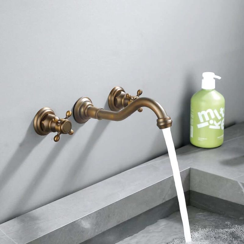 Chester Wall Mount 2-Handle Antique Brass Bathroom Sink Faucet with Cross Handles