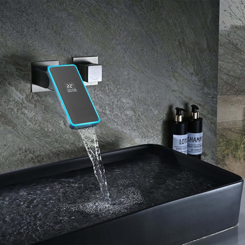 Led Digital Temperature Display Bathroom Rotating Faucet in Dark Gray