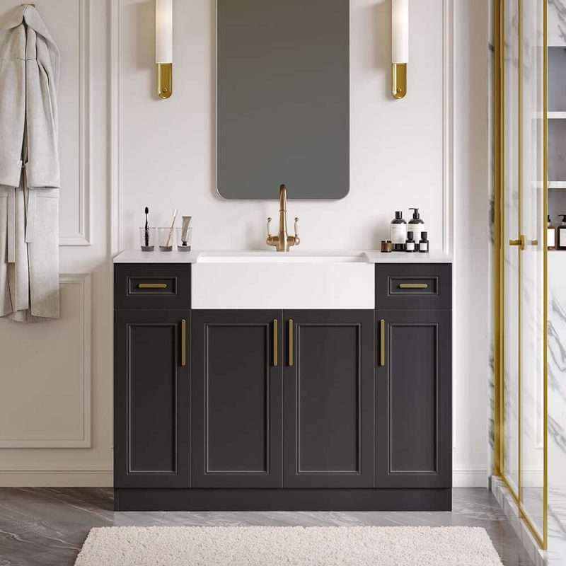 48" Black Freestanding Single Farmhouse Sink Bathroom Vanity with Stone Top
