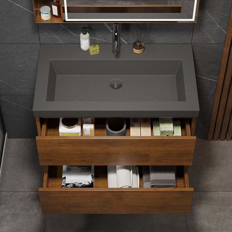 Bathroom Vanity Set 31.5" Modern Floating Concrete Bathroom Vanity Walnut with Sink