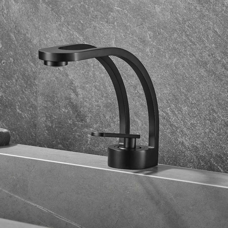 Modern Single Hole 1-Handle C-Shaped Spout Bathroom Sink Faucet in Black Solid Brass