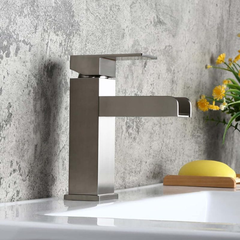 Modern Single Handle One Hole Waterfall Bathroom Sink Faucet Solid Brass in Brushed Nickel