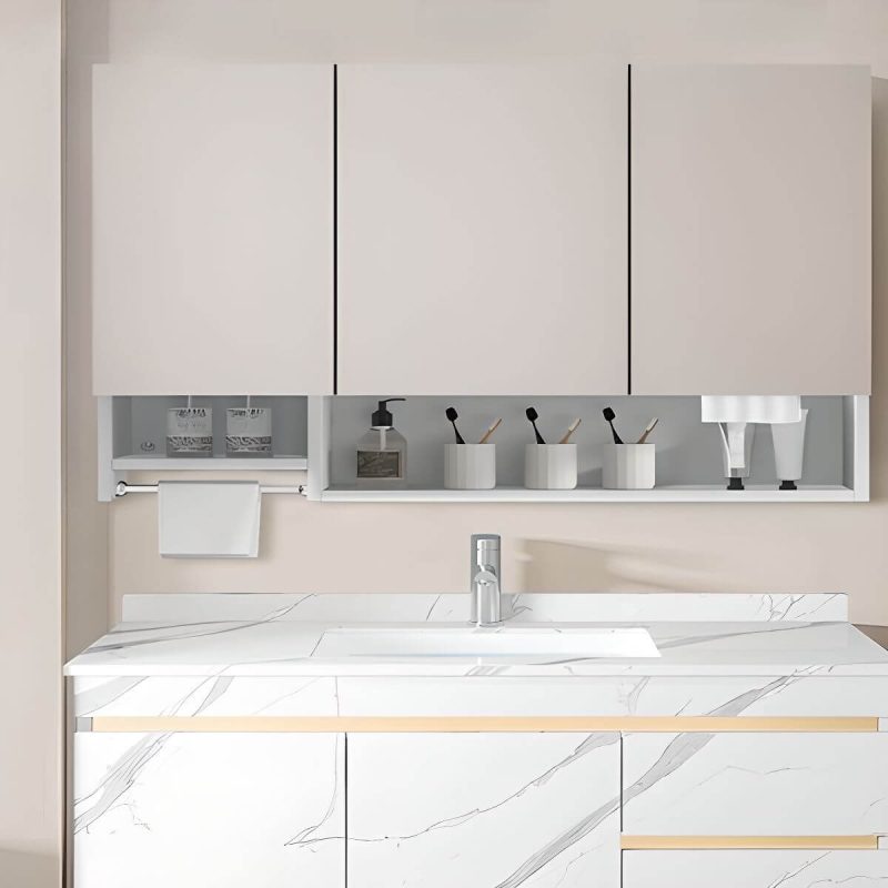 Stainless Steel Rectangle White Medicine Cabinet with 8 Shelves, Soft Close Door Hinge, Specular, Rainproof, 59"L x 5"W x 35"H, Ordinary Mirror Cabinet