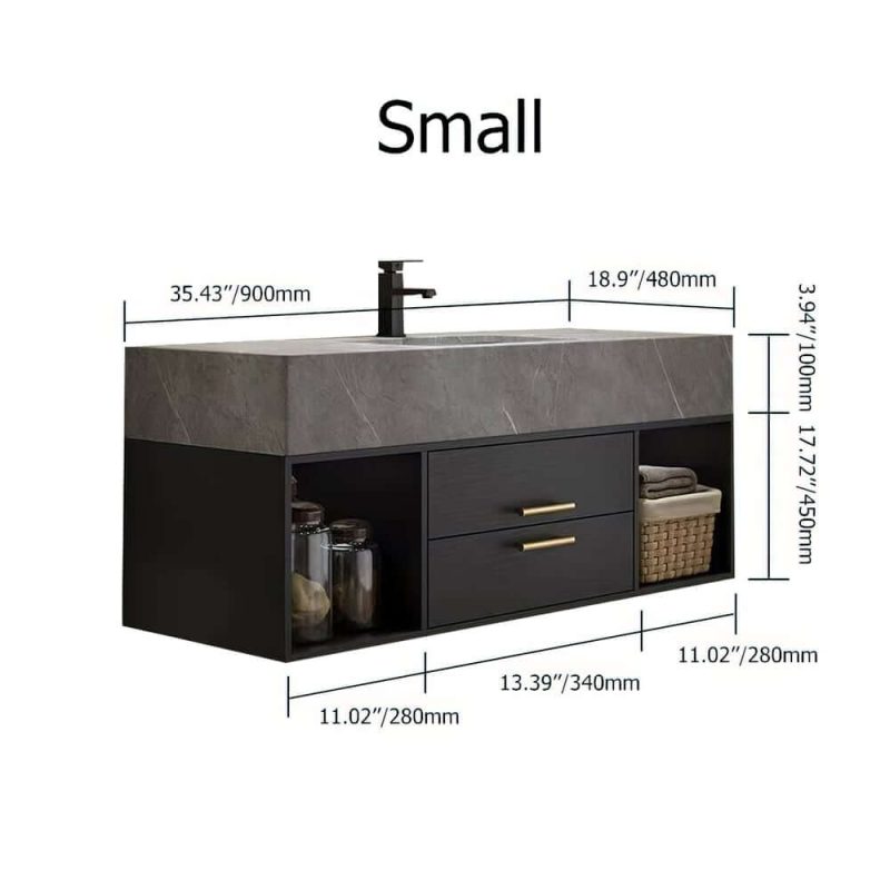 Dimension of Bathroom Vanity Set 35.4" Modern Floating Sintered Stone Bathroom Vanity Black with Sink