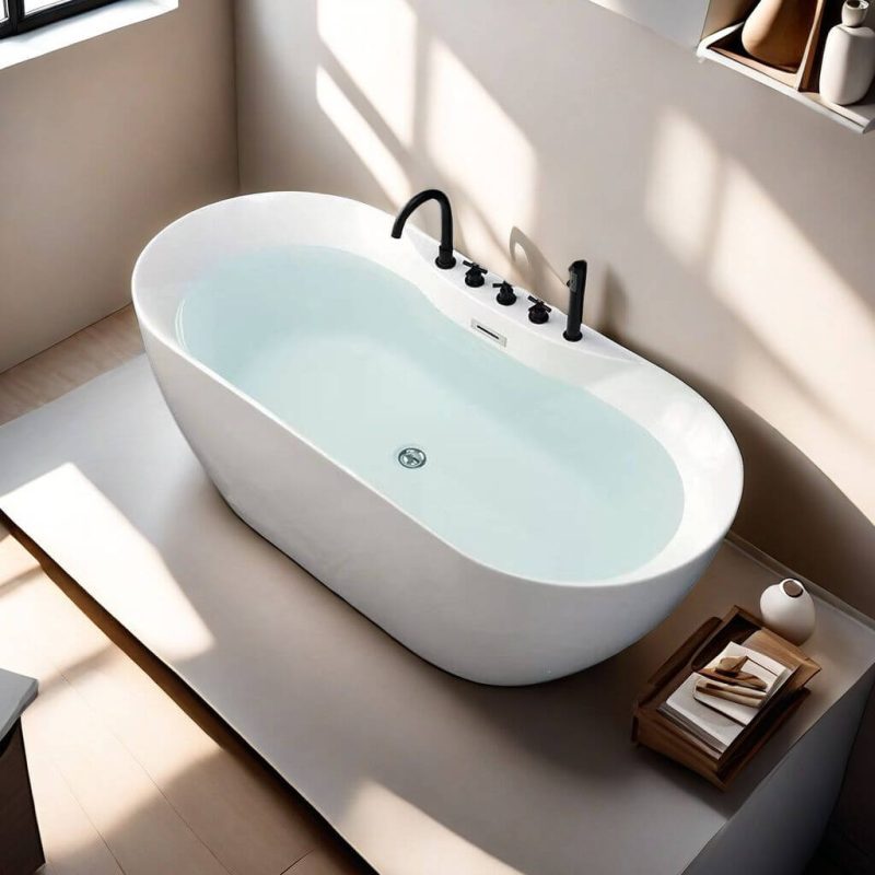 Sleek White Oval Freestanding Bathtub with Overflow Hole, Disc Faucet, Valve, Simple Style, Back to Wall Design, 63"L x 27.5"W x 23.5"H, Tub with Black 5-Piece Set