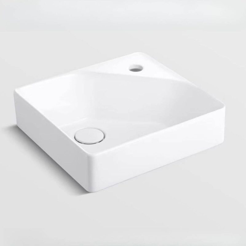 Art Deco Chalk Ceramic Rectangular Vessel Sink with Center Trapway, Sink