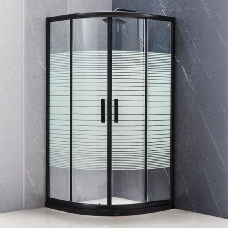 Synthetic Chalk Base Circular-shaped Framed Striped Corner Shower Enclosure with Fixed Glass Panel, Black, 39.4"L x 39.4"W x 72.8"H, Custom Product: Extra 7 Business Day Producing Time
