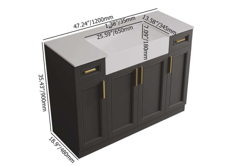Dimension of 48" Black Freestanding Single Farmhouse Sink Bathroom Vanity with Stone Top