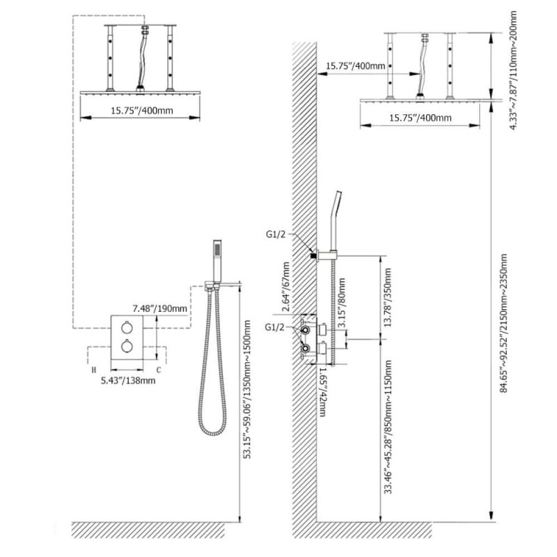 Dimension of 16" Thermostatic Shower System with Handheld Shower in Matte Black Solid Brass