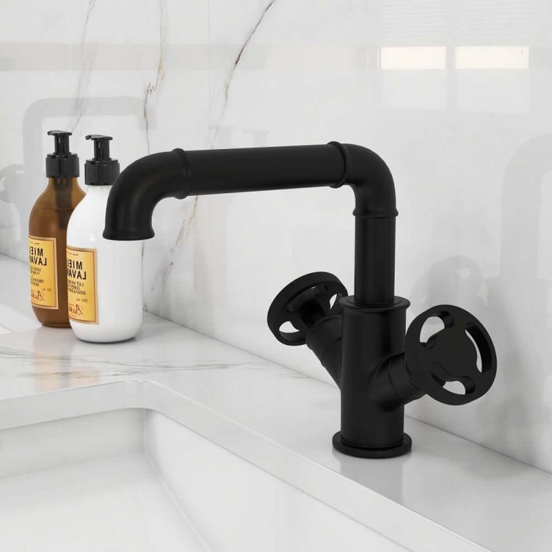 Ruth Industrial Pipe Matte Black 1-Hole Bathroom Sink Faucet Double Handles Solid Brass