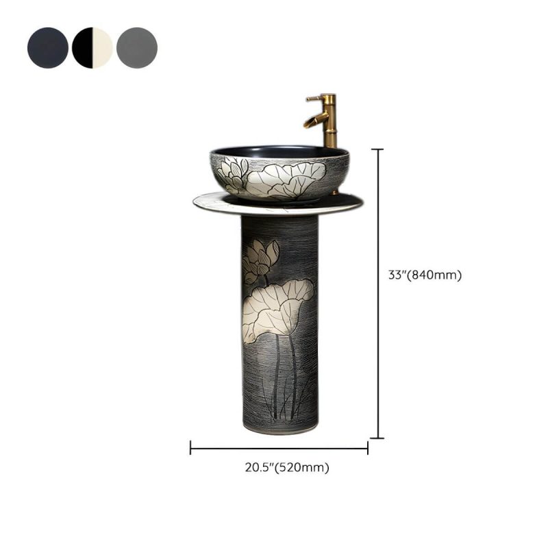 Dimension of Modern Ceramic Circular Sink in Pedestal Style - Includes Faucet and Supply Lines - Sink Dark Gray Black
