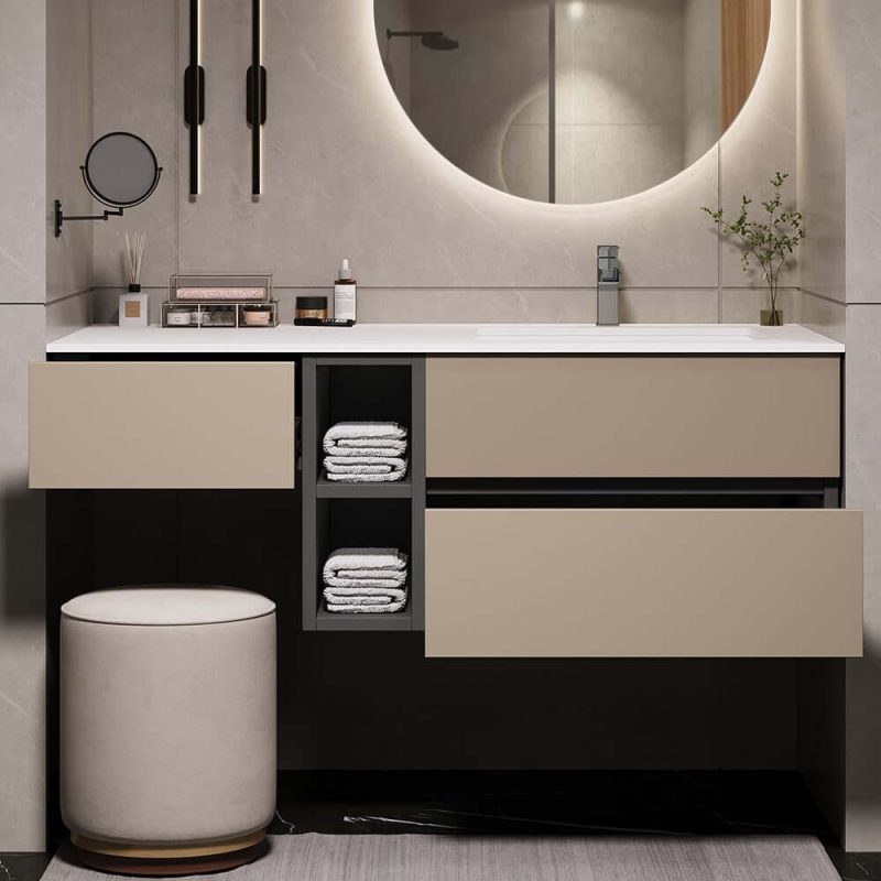 40" Modern Floating Bathroom Vanity Set with Single Sink & a Makeup Countertop in Khaki