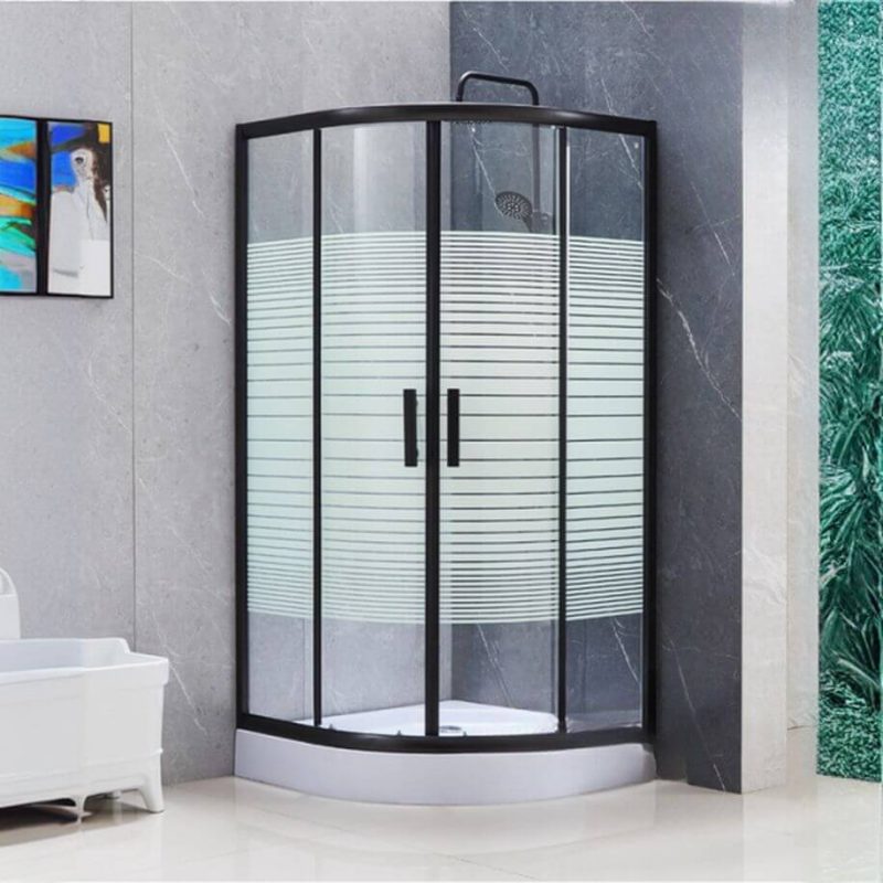 Polymerized Material White Base Orbicular Framed Striped Corner Shower Enclosure with Fixed Glass Panel, Black, 39.4"L x 39.4"W x 76.8"H, Custom Product: Extra 7 Business Day Producing Time