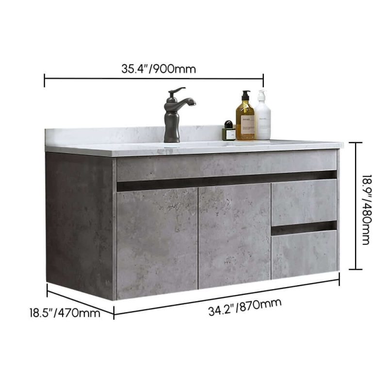 Dimension of 36" Floating Bathroom Vanity with Faux Marble Vessel Sink Wall Mounted