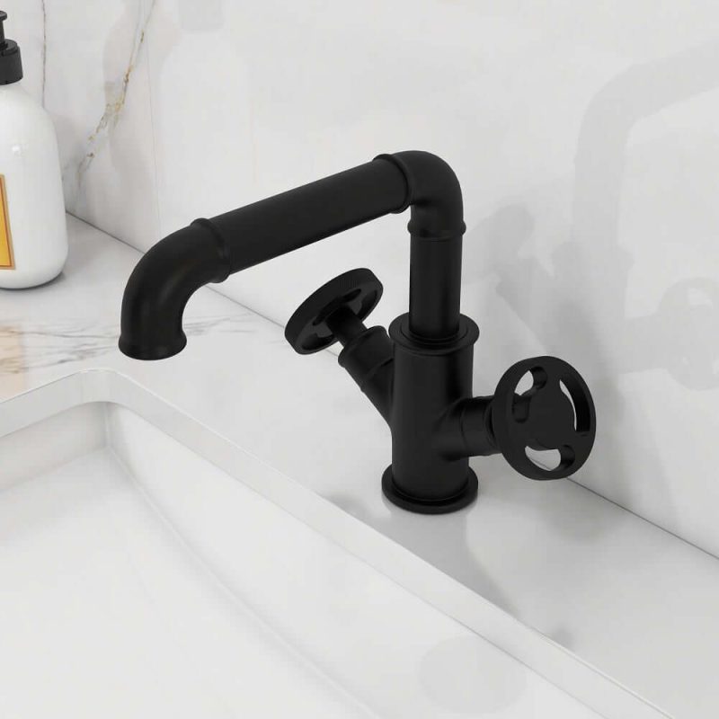 Ruth Industrial Pipe Matte Black 1-Hole Bathroom Sink Faucet Double Handles Solid Brass