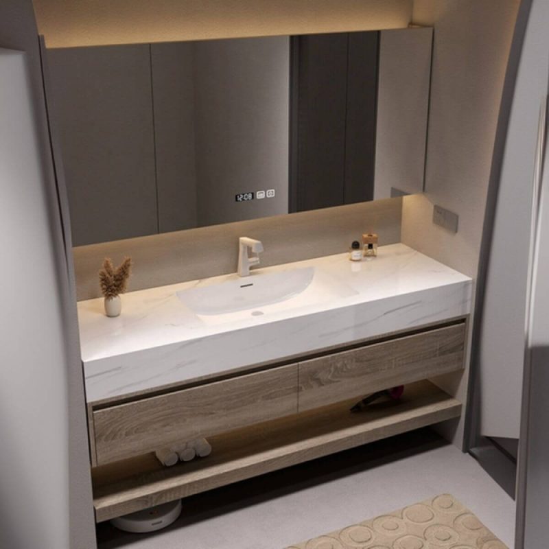 Brown Rust Resistant Bathroom Vanity with Stone Countertop, White Faucet, and Plug-in Feature - Vanity & Faucet & Mirror Cabinet 59"L x 20"W x 19"H