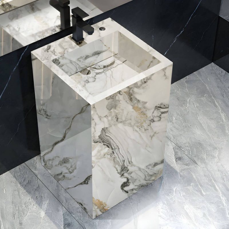 Marble Pattern Pedestal Bathroom Sink Stone Rectangular with Faucet Marble texture shipped randomly - Marble