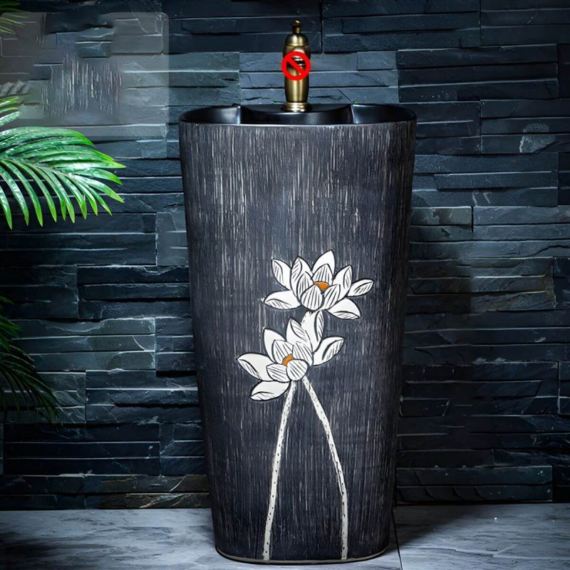 Modern Rectangular Ceramic Pedestal Sink - Includes Faucet and Supply Line - 42cm X 36cm X 79cm - Sink Frost Black