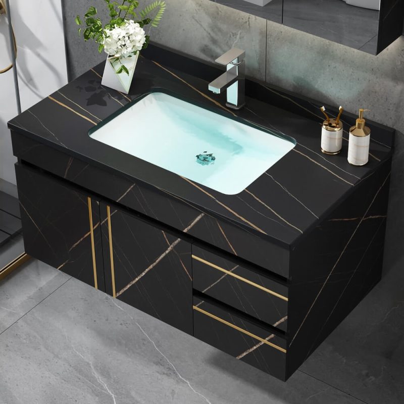 35" Floating Bathroom Vanity Faux Marble with Single Ceramic Sink Black