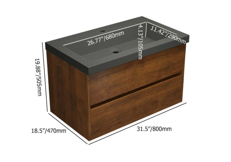 Dimension of Bathroom Vanity Set 31.5" Modern Floating Concrete Bathroom Vanity Walnut with Sink