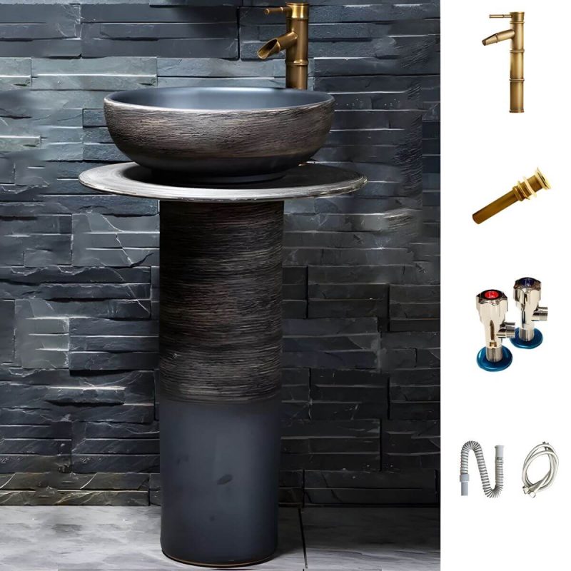 Modern Ceramic Circular Sink in Pedestal Style - Includes Faucet and Supply Lines - Sink with Faucet Dark Gray Black