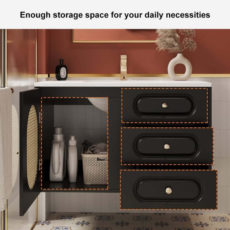 31" Black Floating Bathroom Vanity Set Undermount Ceramic Sink with Rattan Door Cabinet