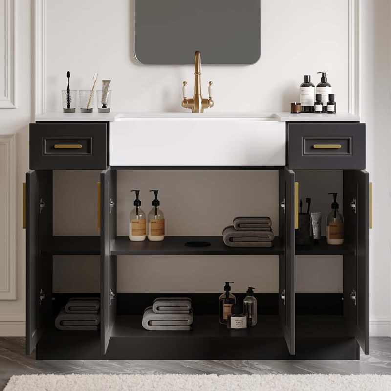 48" Black Freestanding Single Farmhouse Sink Bathroom Vanity with Stone Top