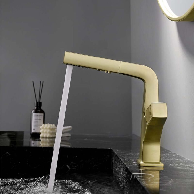 Brushed Gold Modern Single Hole Bathroom Sink Faucet Dual Function Pull-Out Spray Faucet
