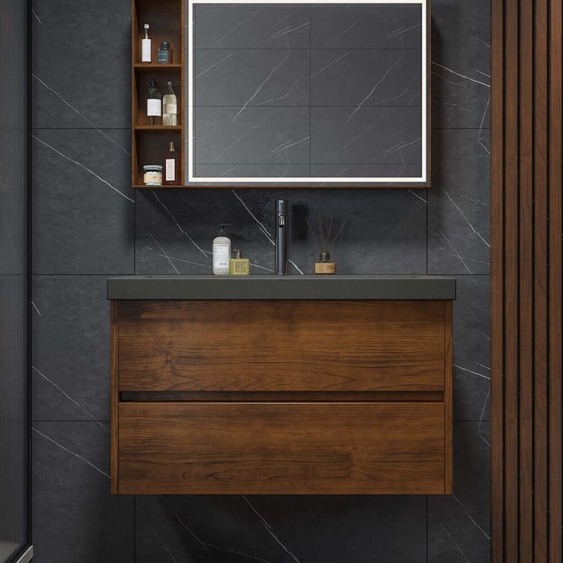Bathroom Vanity Set 31.5" Modern Floating Concrete Bathroom Vanity Walnut with Sink