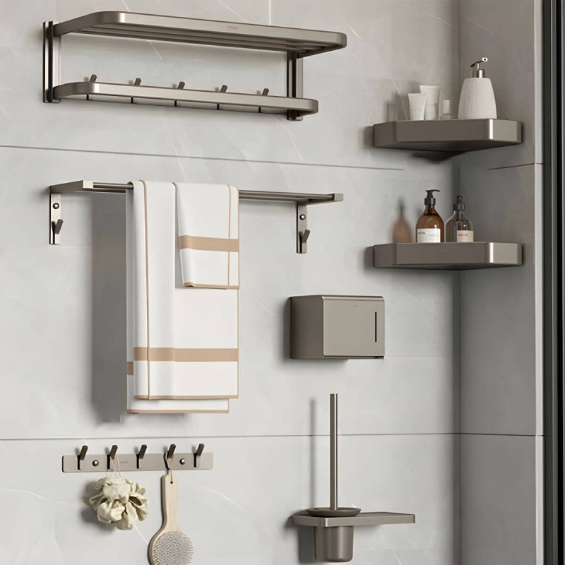 Elegant 7-Piece Metal Bathroom Hardware Set with Towel Rack and Bath Shelf Included - Gun Grey