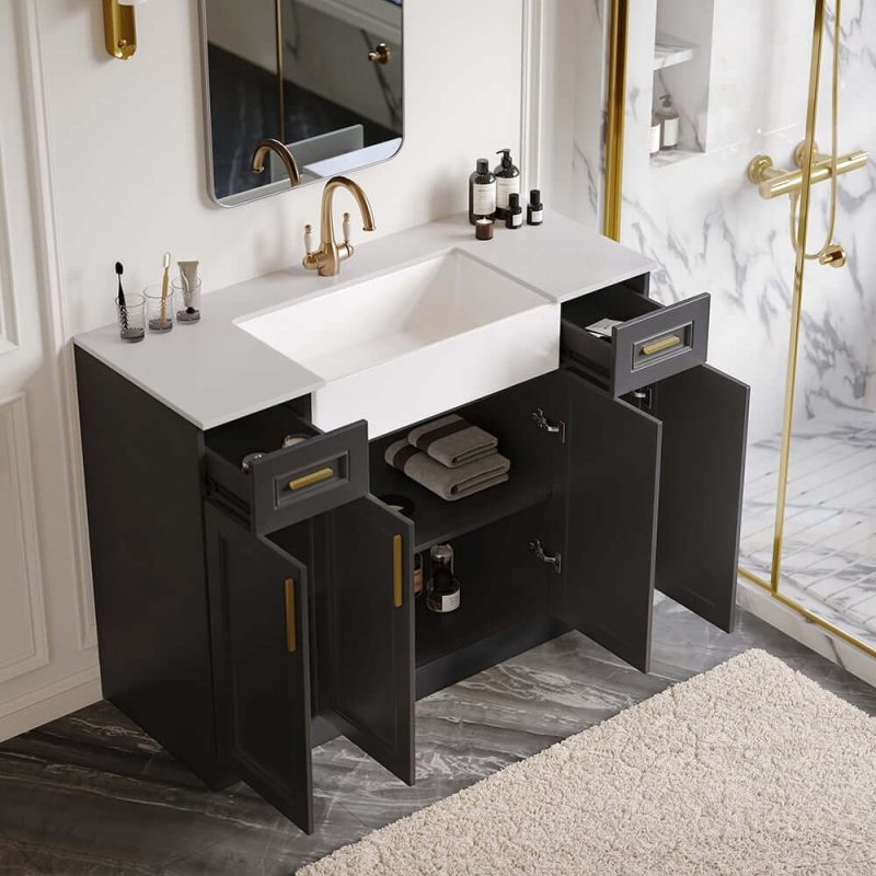 48" Black Freestanding Single Farmhouse Sink Bathroom Vanity with Stone Top