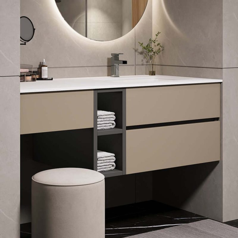 40" Modern Floating Bathroom Vanity Set with Single Sink & a Makeup Countertop in Khaki