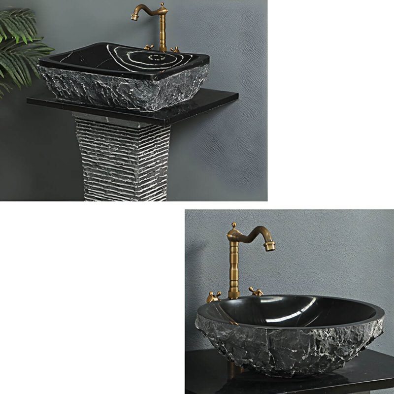 Modern Black Marble Bathroom Sink with Pedestal Base and Supply Lines Included - Sink with Faucet Rectangular